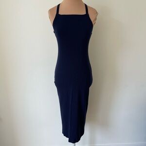 Reformation Navy Blue Ribbed Knit Square Neck Crisscross Open Back Midi Dress S